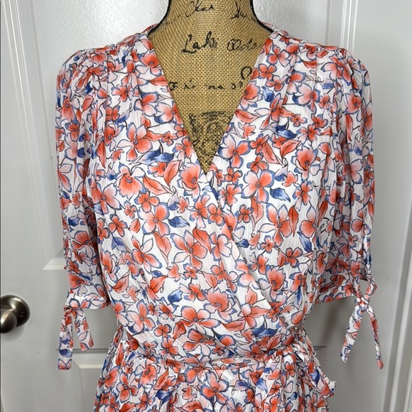 Tommy Hilfiger Sz 8 Coral Blue Floral Chiffon Flowy Lightweight Faux Wrap Dress - Picture 4 of 16